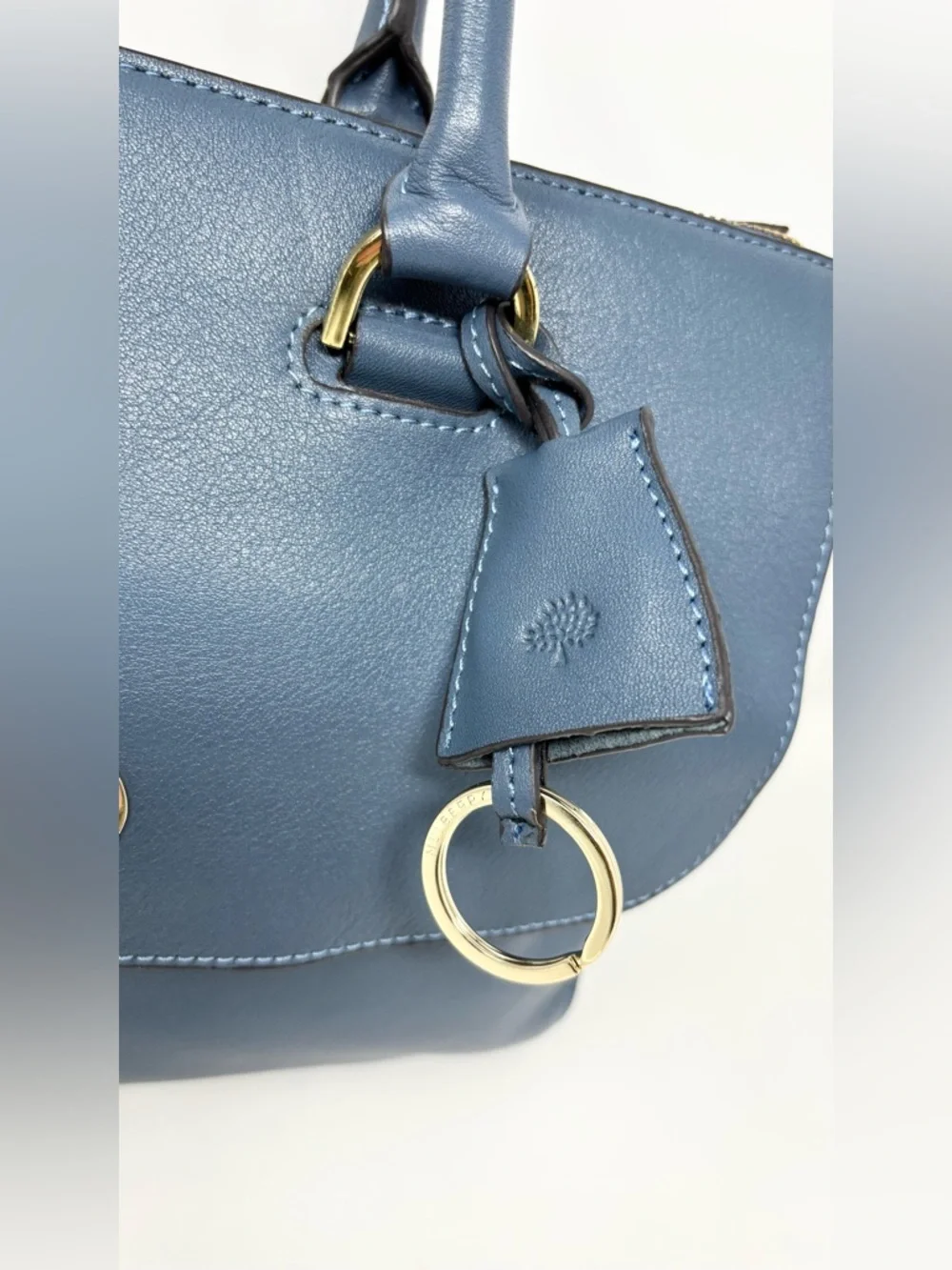 Mulberry Del Rey Slate Blue Leather Satchel Top Handle Bag Gold Hardware Medium